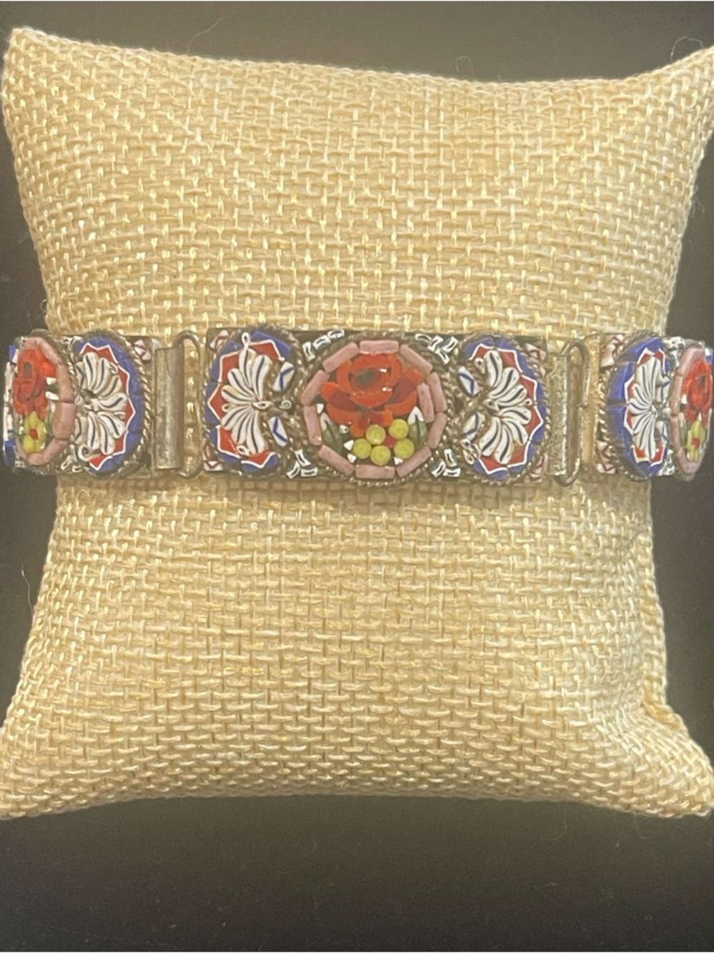 Vintage Italian Micro Mosaic Floral Panel Bracelet Brass Mid Century